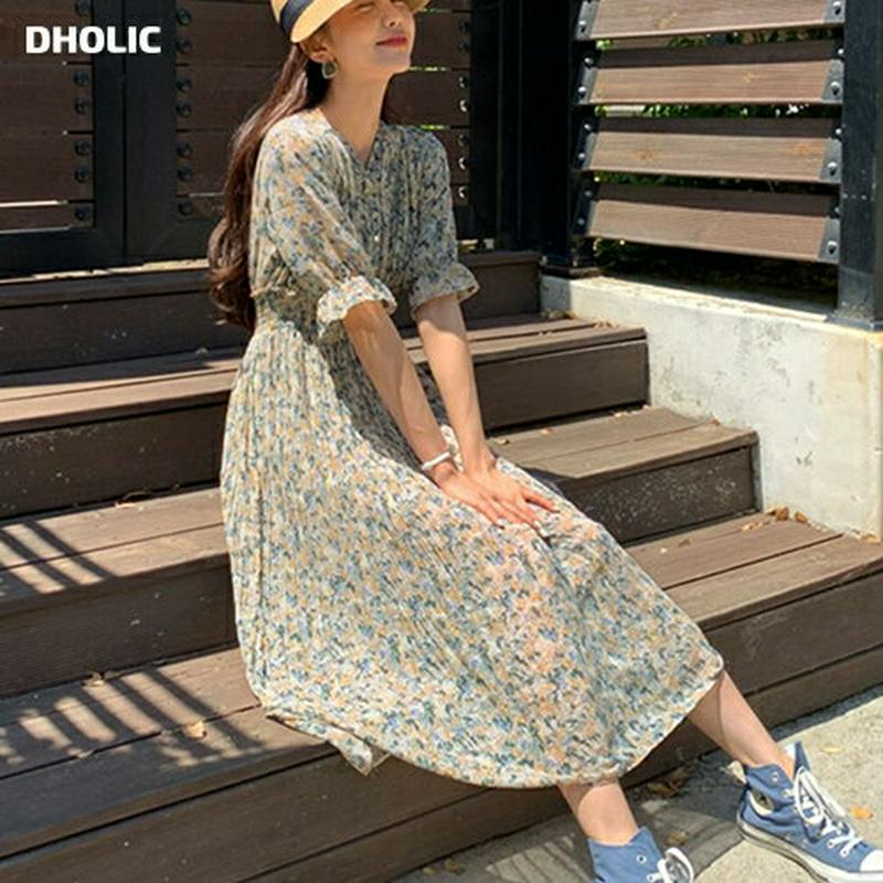 プリーツフローラルワンピース・全3色・t59259 レディース 【ops】【ワンピース ミディ丈 ミディワンピース 半袖 ハーフ