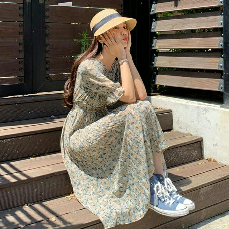 プリーツフローラルワンピース・全3色・t59259 レディース 【ops】【ワンピース ミディ丈 ミディワンピース 半袖 ハーフ