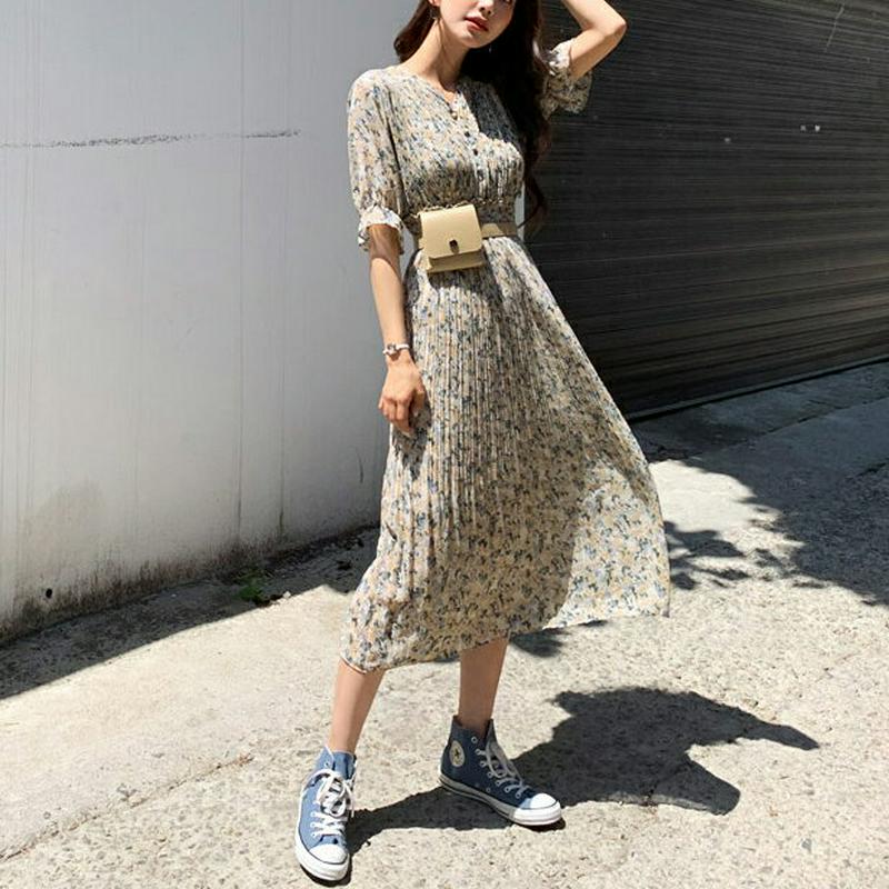 プリーツフローラルワンピース・全3色・t59259 レディース 【ops】【ワンピース ミディ丈 ミディワンピース 半袖 ハーフ