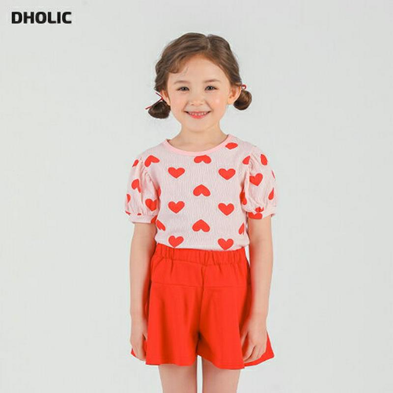 ハートパフTシャツ&パンツSET・p001676 キッズ【3~8才】【set】【セットアップ トップス Tシャツ 半袖 ハート 柄 半ズボン ハーフパンツ パンツ ズボン ボトムス 単色 無地 シンプル カジュアル 総柄 女の子 子供 こども 子供服 こども服】【KIDS】