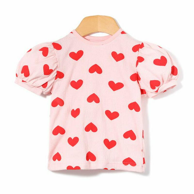 ハートパフTシャツ&パンツSET・p001676 キッズ【3~8才】【set】【セットアップ トップス Tシャツ 半袖 ハート 柄 半ズボン ハーフパンツ パンツ ズボン ボトムス 単色 無地 シンプル カジュアル 総柄 女の子 子供 こども 子供服 こども服】【KIDS】