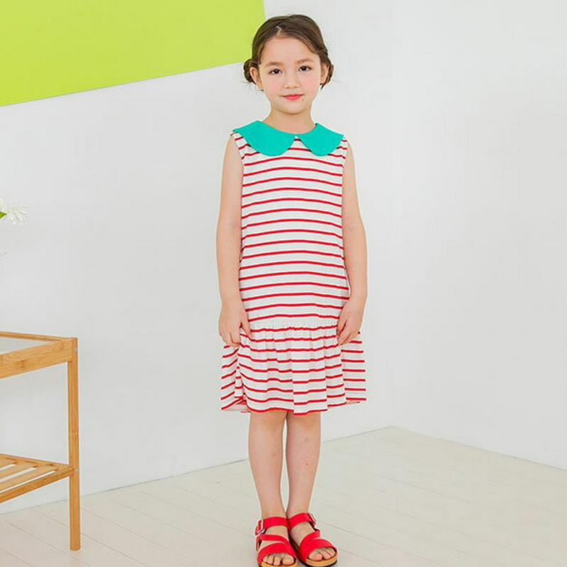 ラウンドカラーボーダーワンピース(レッド)・p001725 キッズ【3~8才】【ops】【ワンピース ミディ丈 ミディワンピース