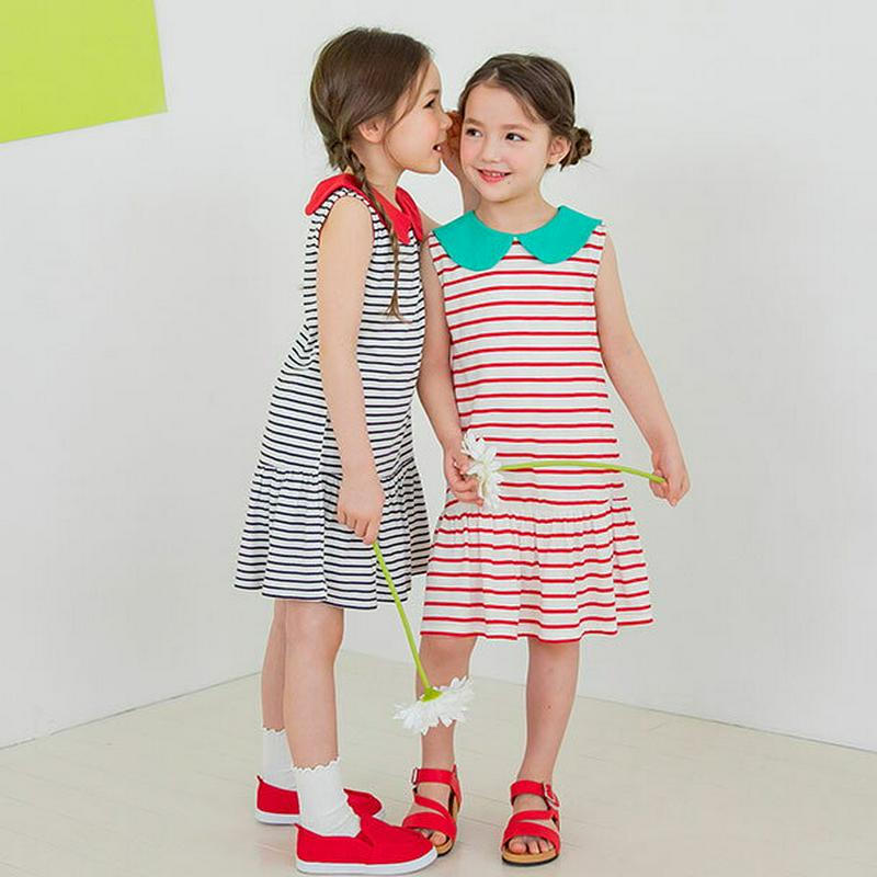 ラウンドカラーボーダーワンピース(レッド)・p001725 キッズ【3~8才】【ops】【ワンピース ミディ丈 ミディワンピース