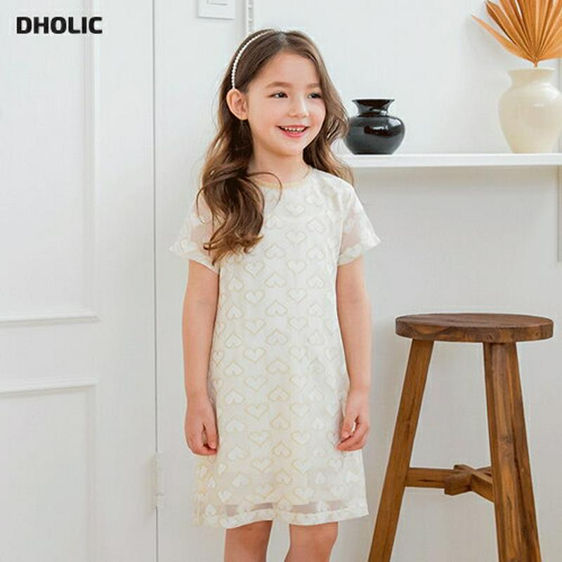 ハート柄ワンピース・p001738 キッズ【3~8才】【ops】【ワンピース ミディ丈 ミディワンピース 半袖 ハート 総柄 可