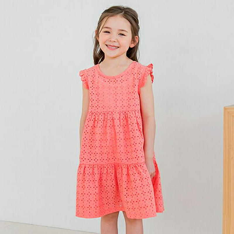 パンチングワンピース(オレンジ)・p001739 キッズ【3~8才】【ops】【ワンピース スリーブレス ノースリーブ レース 