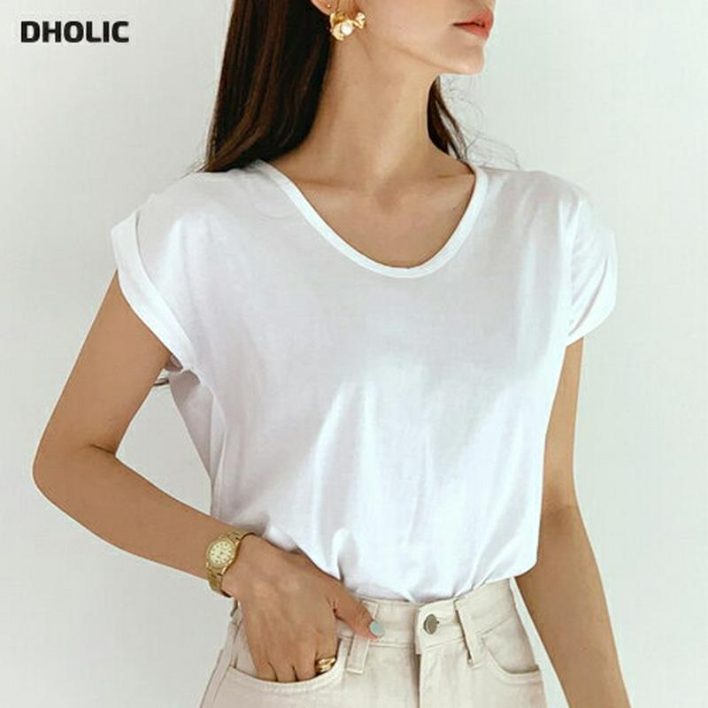 ロールアップUネックTシャツ・全4色・b55983 レディース 【tops】【トップス Tシャツ ショートスリーブ 半袖 単色 