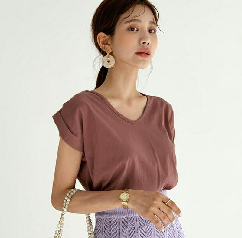 ロールアップUネックTシャツ・全4色・b55983 レディース 【tops】【トップス Tシャツ ショートスリーブ 半袖 単色 
