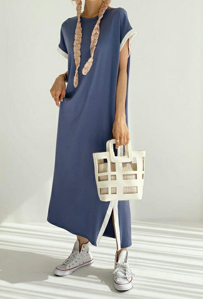 配色ラインワンピース・全3色・b55989 レディース 【ops】【ワンピース ロング ロングワンピース 半袖 ショートスリーブ