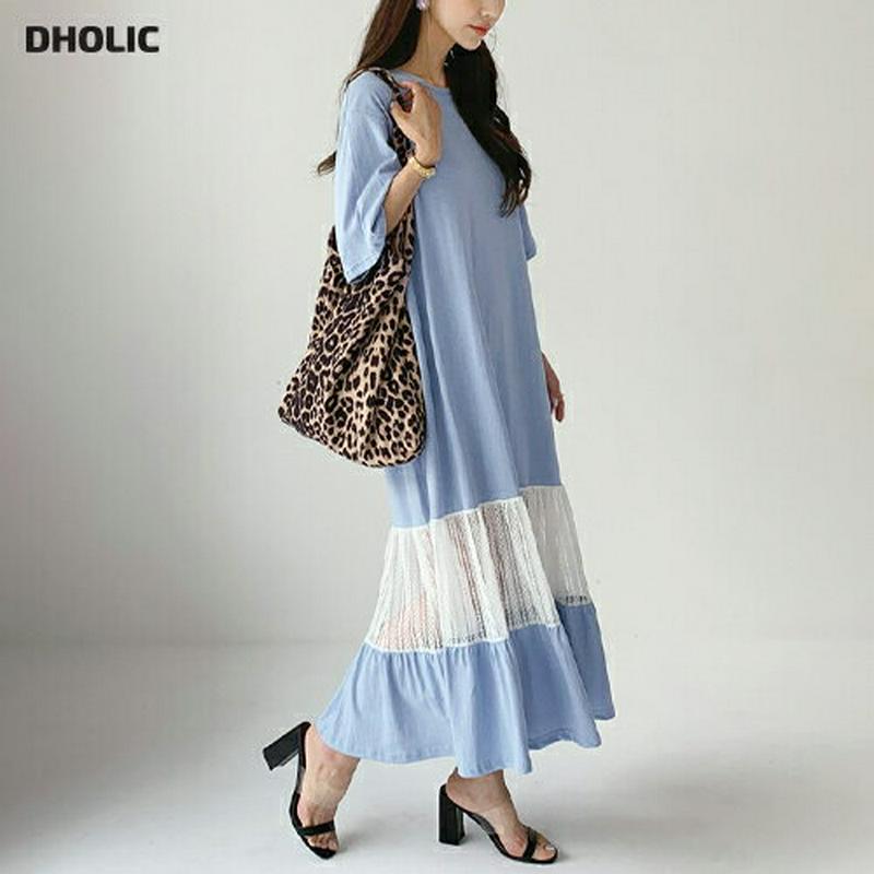 配色レースヘムワンピース・全3色・t55990 レディース 【ops】【ワンピース ロング ロングワンピース 半袖 ハーフスリー