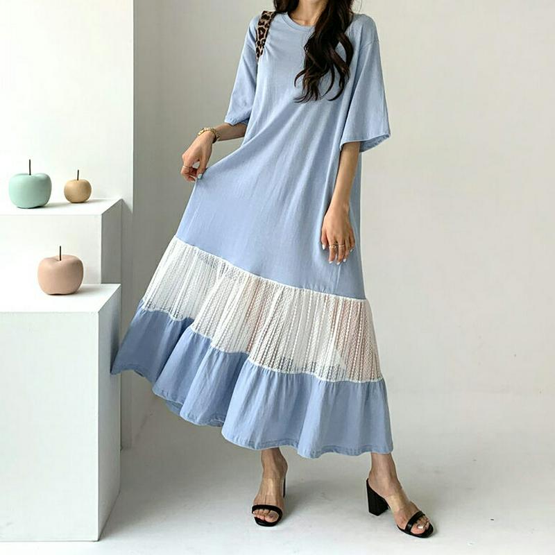 配色レースヘムワンピース・全3色・t55990 レディース 【ops】【ワンピース ロング ロングワンピース 半袖 ハーフスリー