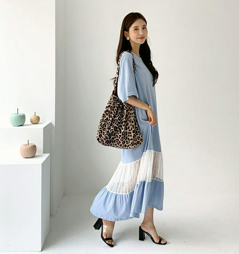 配色レースヘムワンピース・全3色・t55990 レディース 【ops】【ワンピース ロング ロングワンピース 半袖 ハーフスリー