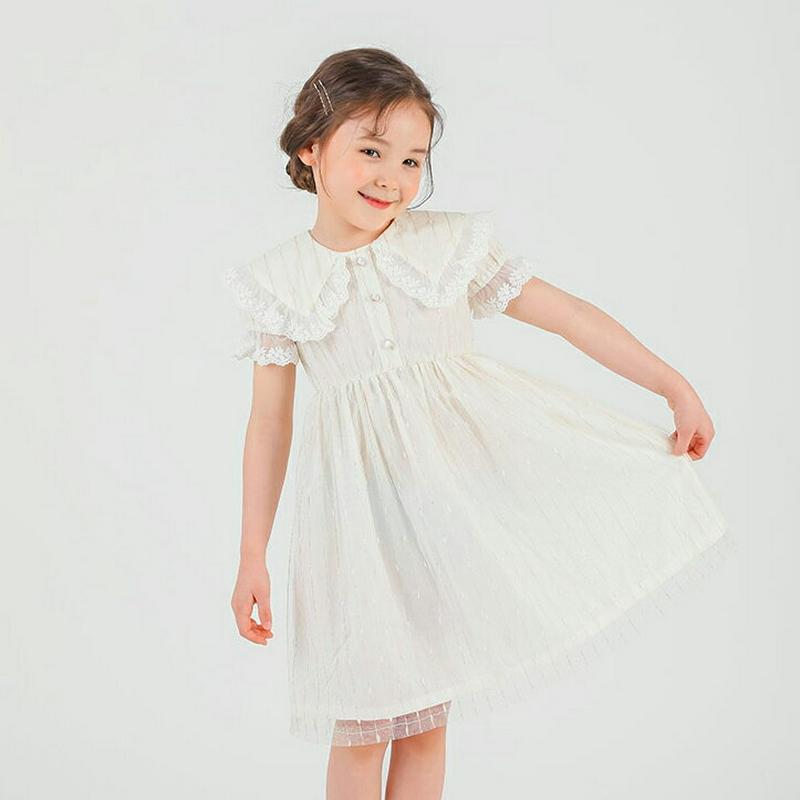 レースポイントストライプワンピース・p001746 キッズ【3~8才】【ops】【ワンピース ミディ丈 ミディワンピース 半袖 レース フリル ストライプ 柄 可愛い かわいい ガーリー 女の子 子供 こども 子供服 こども服】【KIDS】