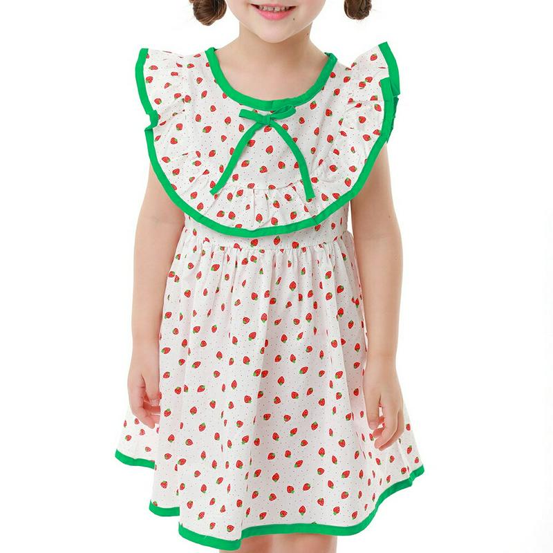 ストロベリー柄フリルラインワンピース・p001689 キッズ【3~8才】【ops】【ワンピース ミディ丈 ミディワンピース フリル ストロベリー いちご イチゴ 苺 フリルスリーブ ガーリー 可愛い かわいい 女の子 子供 こども 子供服 こども服】【KIDS】