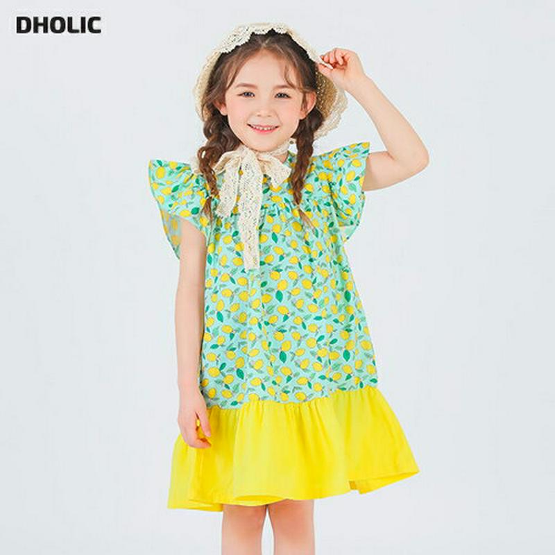 レモン柄フリルワンピース・p001743 キッズ【3~8才】【ops】【ワンピース ミディ丈 ミディワンピース キャップスリーブ レモン れもん 総柄 可愛い かわいい 女の子 子供 こども 子供服 こども服】【KIDS】