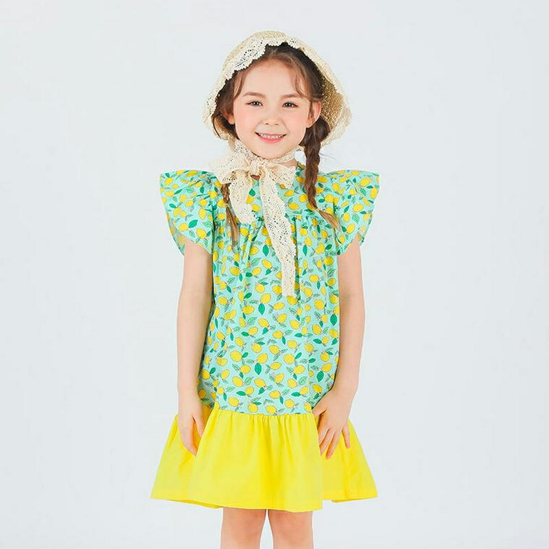 レモン柄フリルワンピース・p001743 キッズ【3~8才】【ops】【ワンピース ミディ丈 ミディワンピース キャップスリーブ レモン れもん 総柄 可愛い かわいい 女の子 子供 こども 子供服 こども服】【KIDS】