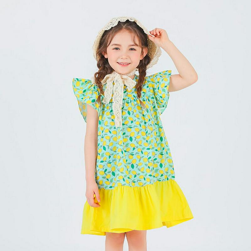 レモン柄フリルワンピース・p001743 キッズ【3~8才】【ops】【ワンピース ミディ丈 ミディワンピース キャップスリーブ レモン れもん 総柄 可愛い かわいい 女の子 子供 こども 子供服 こども服】【KIDS】