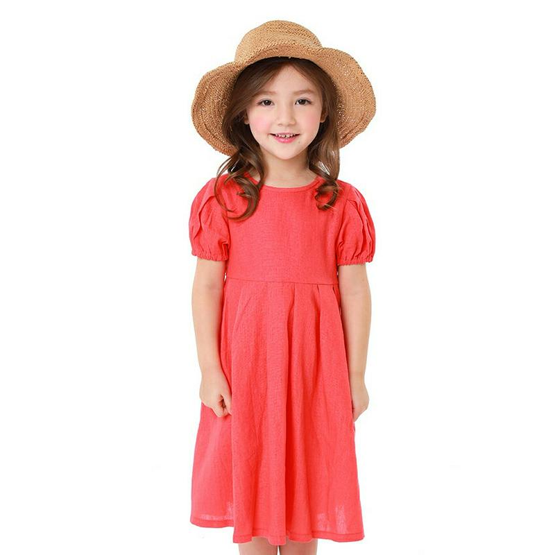 リネン混パフスリーブワンピース・p001741 キッズ【3~8才】【ops】【ワンピース 半袖 パフスリーブ リネン 単色 無地 シンプル 女の子 子供 こども 子供服 こども服】【KIDS】