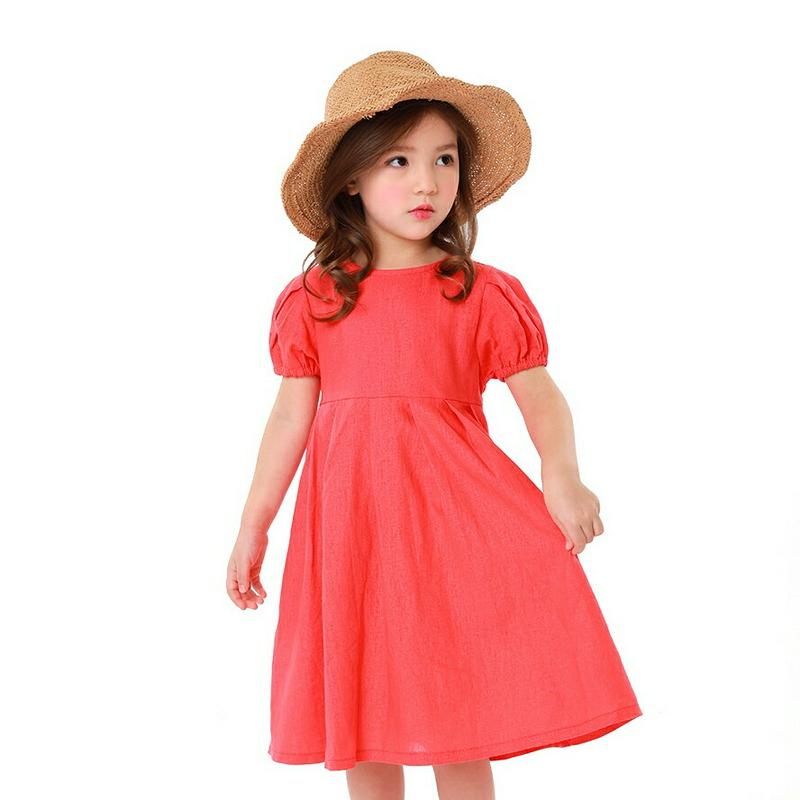 リネン混パフスリーブワンピース・p001741 キッズ【3~8才】【ops】【ワンピース 半袖 パフスリーブ リネン 単色 無地 シンプル 女の子 子供 こども 子供服 こども服】【KIDS】