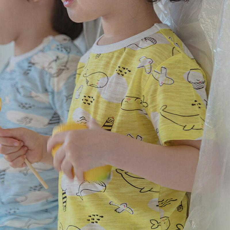 seaパジャマSET(イエロー)・p001430 キッズ【3~8才】【uw】【パジャマ 部屋着 ルームウェア トップス Tシャツ 半袖 半ズボン ハーフパンツ パンツ ズボン くじら クジラ カジュアル 女の子 男の子 子供 こども 子供服 こども服】【KIDS】