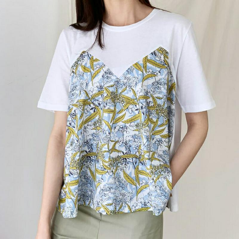 パターンコントラストフレアTシャツ・全2色・t55977 レディース 【tops】【トップス Tシャツ 半袖 ハーフスリーブ コ