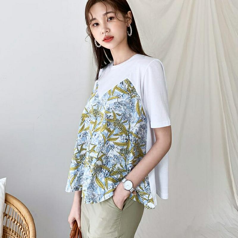 パターンコントラストフレアTシャツ・全2色・t55977 レディース 【tops】【トップス Tシャツ 半袖 ハーフスリーブ コ