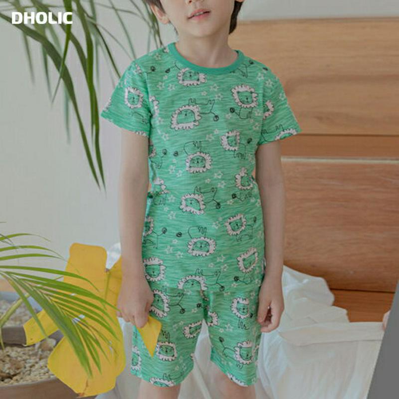 Lion starパジャマ(グリーン)・p001424 キッズ【3~8才】【uw】【パジャマ 部屋着 ルームウェア トップス Tシャツ 半袖 ズボン パンツ ボトムス ライオ らいおん 総柄 カジュアル 上下 セット 女の子 男の子 子供 こども 子供服 こども服】【KIDS】