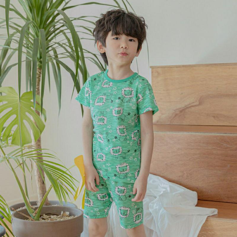 Lion starパジャマ(グリーン)・p001424 キッズ【3~8才】【uw】【パジャマ 部屋着 ルームウェア トップス Tシャツ 半袖 ズボン パンツ ボトムス ライオ らいおん 総柄 カジュアル 上下 セット 女の子 男の子 子供 こども 子供服 こども服】【KIDS】