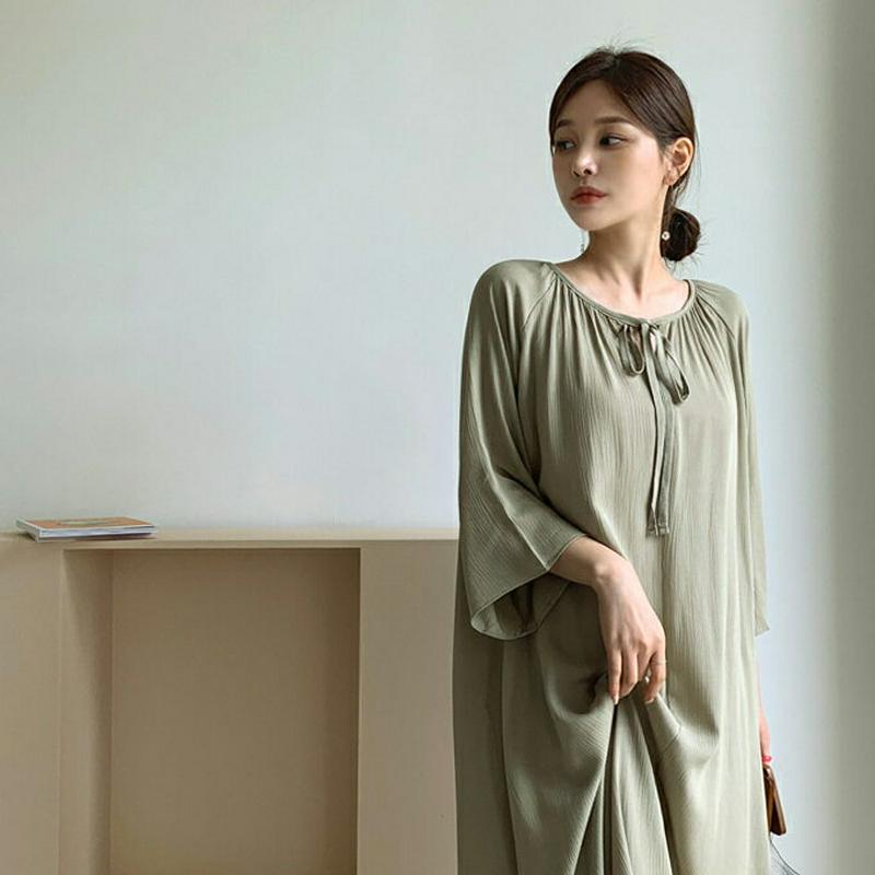 リボンラグランワンピース・全2色・t62070 レディース【ops】【ワンピース ロング ロングワンピース 七分丈 七分袖 7分