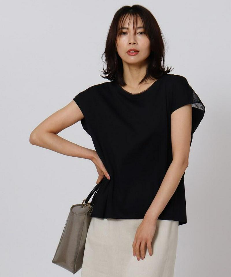 【洗える】バックレース チュールネックTシャツ