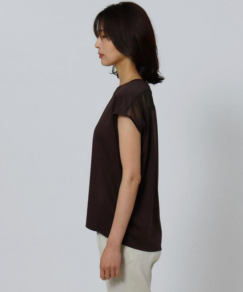 【洗える】バックレース チュールネックTシャツ