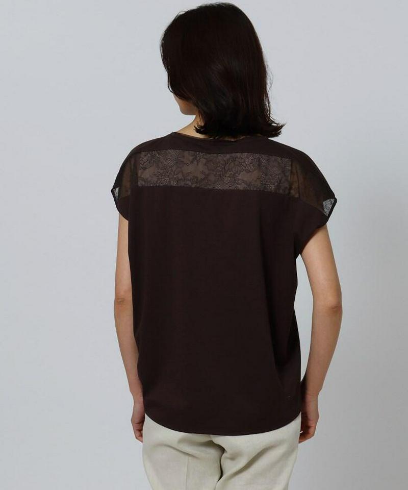 【洗える】バックレース チュールネックTシャツ