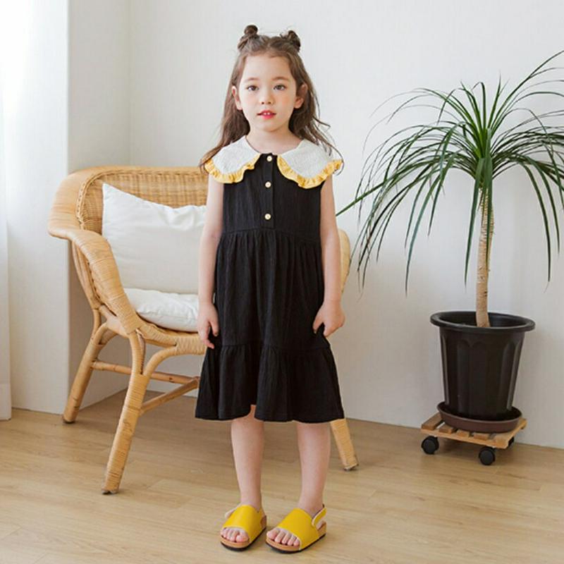フリルヘムカラーワンピース(ブラック) p001871 キッズ 【3~8才】【ops】【韓国 ファッション ワンピース フレアワ