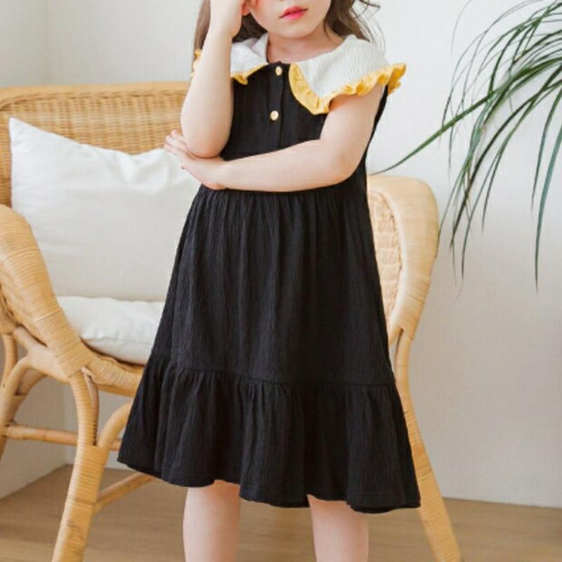 フリルヘムカラーワンピース(ブラック) p001871 キッズ 【3~8才】【ops】【韓国 ファッション ワンピース フレアワ