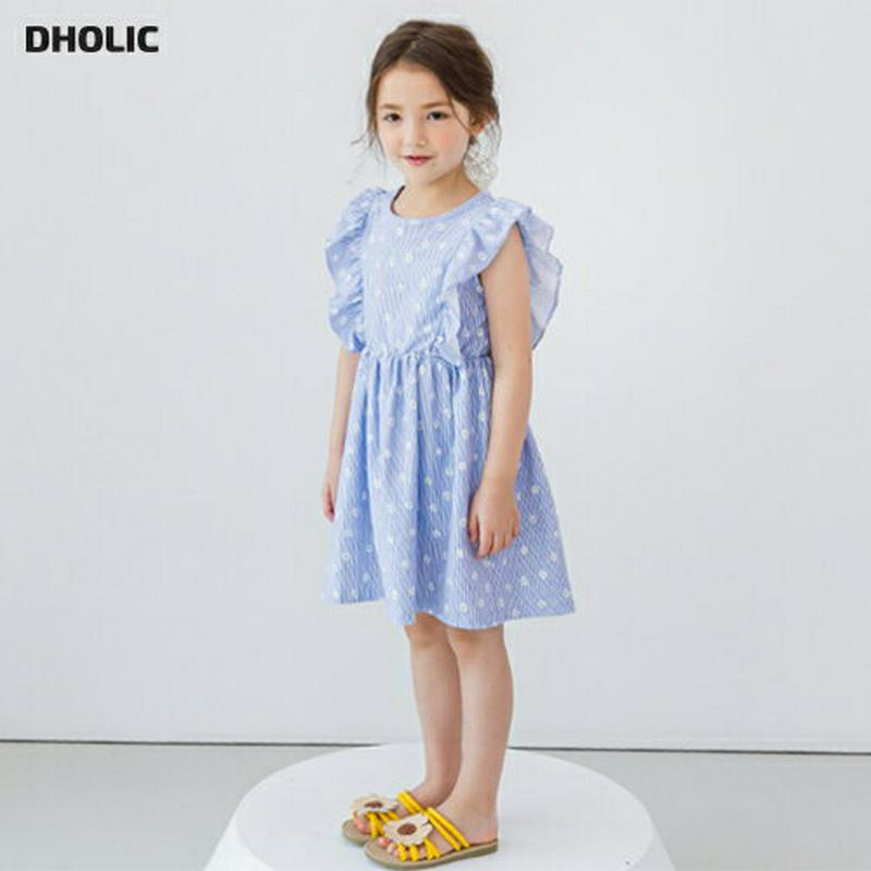 花柄ストライプフリルワンピース(ブルー) p001983 キッズ 【3~8才】【ops】【韓国 ファッション ワンピース フレア