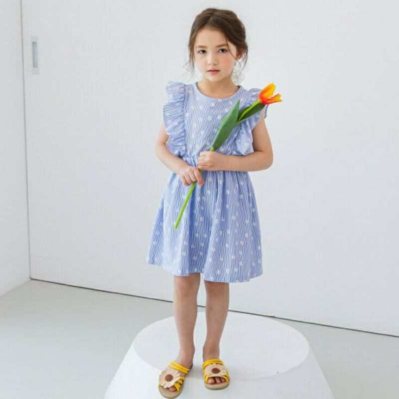 花柄ストライプフリルワンピース(ブルー) p001983 キッズ 【3~8才】【ops】【韓国 ファッション ワンピース フレア