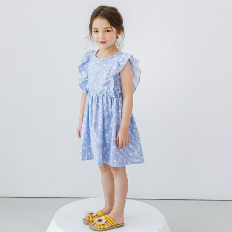 花柄ストライプフリルワンピース(ブルー) p001983 キッズ 【3~8才】【ops】【韓国 ファッション ワンピース フレア