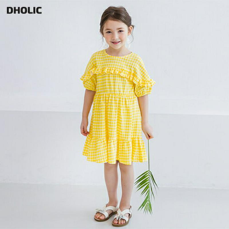 チェックフリルワンピース(イエロー) p001985 キッズ 【3~8才】【ops】【韓国 ファッション ワンピース フレアワン