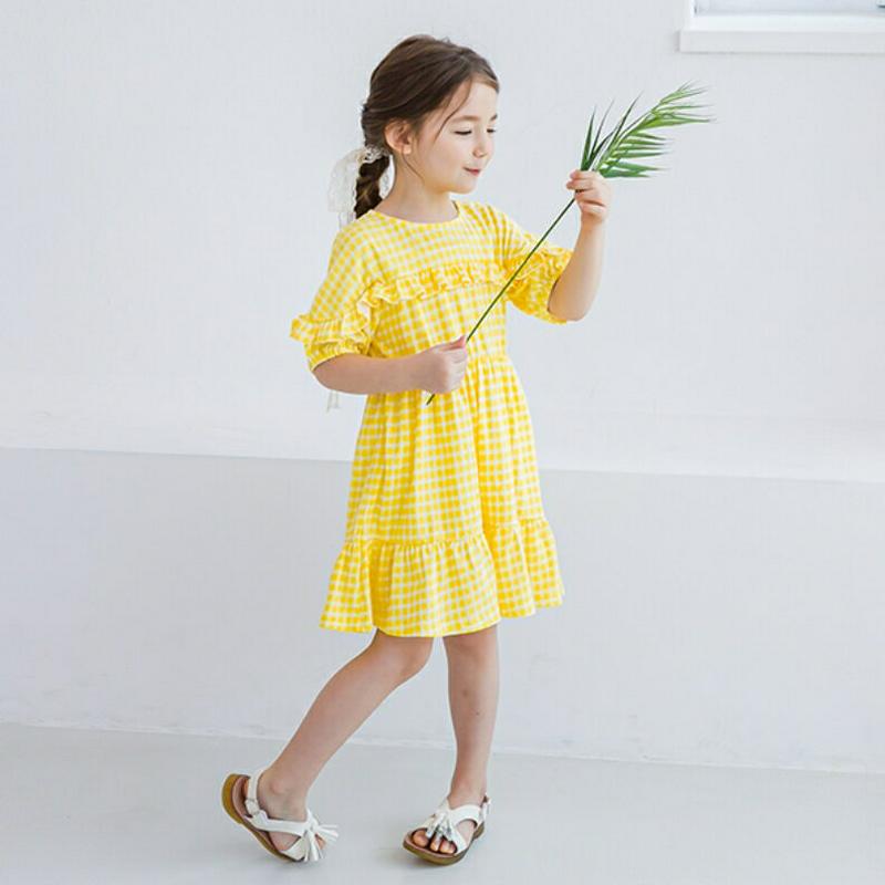 チェックフリルワンピース(イエロー) p001985 キッズ 【3~8才】【ops】【韓国 ファッション ワンピース フレアワン