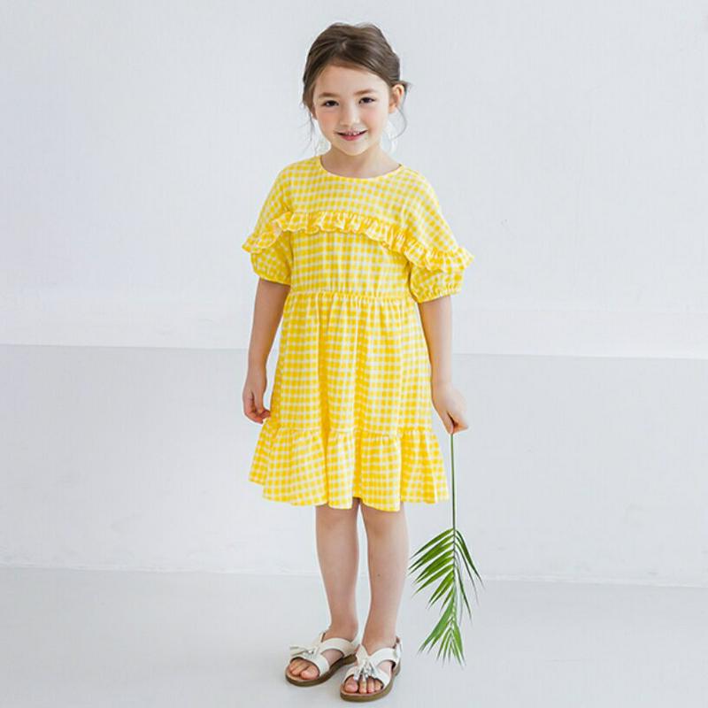 チェックフリルワンピース(イエロー) p001985 キッズ 【3~8才】【ops】【韓国 ファッション ワンピース フレアワン