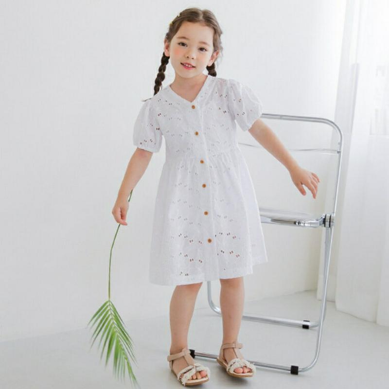 パンチングVネックワンピース(ホワイト) p001912 キッズ 【3~8才】【ops】【韓国 ファッション ワンピース フレア