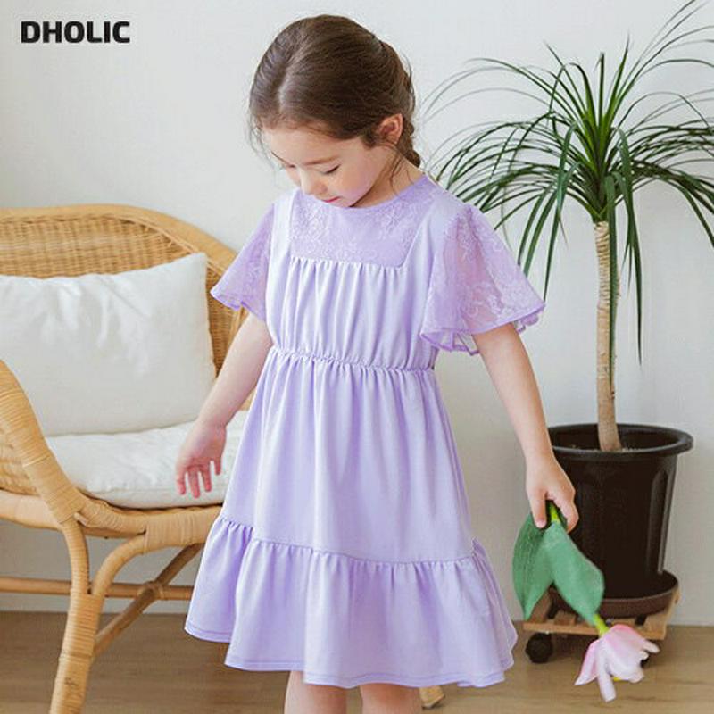 袖レースティアードワンピース(ライラック) p001866 キッズ 【3~8才】【ops】【韓国 ファッション ワンピース フレ