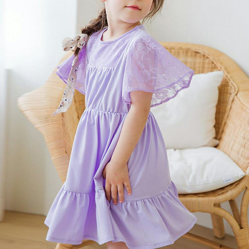 袖レースティアードワンピース(ライラック) p001866 キッズ 【3~8才】【ops】【韓国 ファッション ワンピース フレ