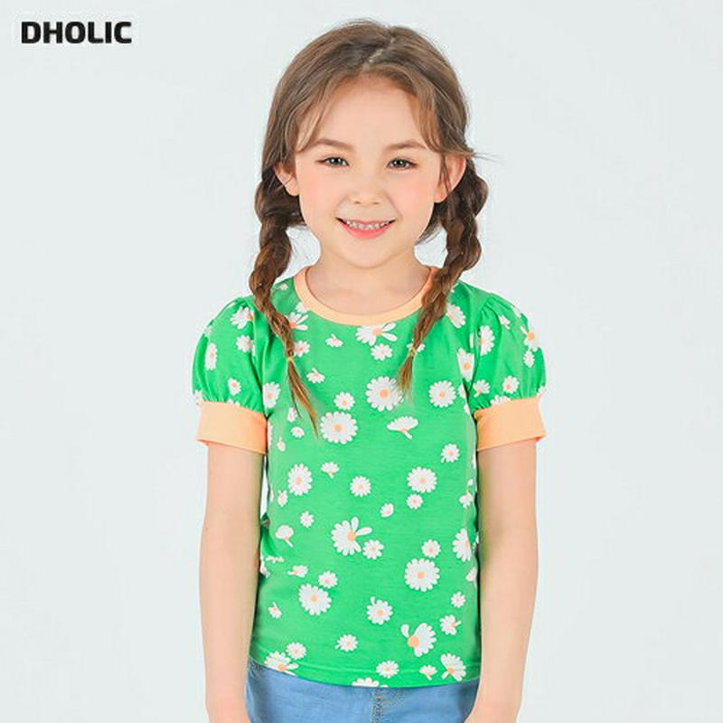 デイジーパフスリーブTシャツ p002063 キッズ 【3~8才】【tops】【韓国 ファッション トップス Tシャツ カットソー ラウンドネック ハーフスリーブ 半袖 ロゴ 花柄 パフスリーブ 子供 学生服 ジュニア服 ジュニア 春 夏】【KIDS】