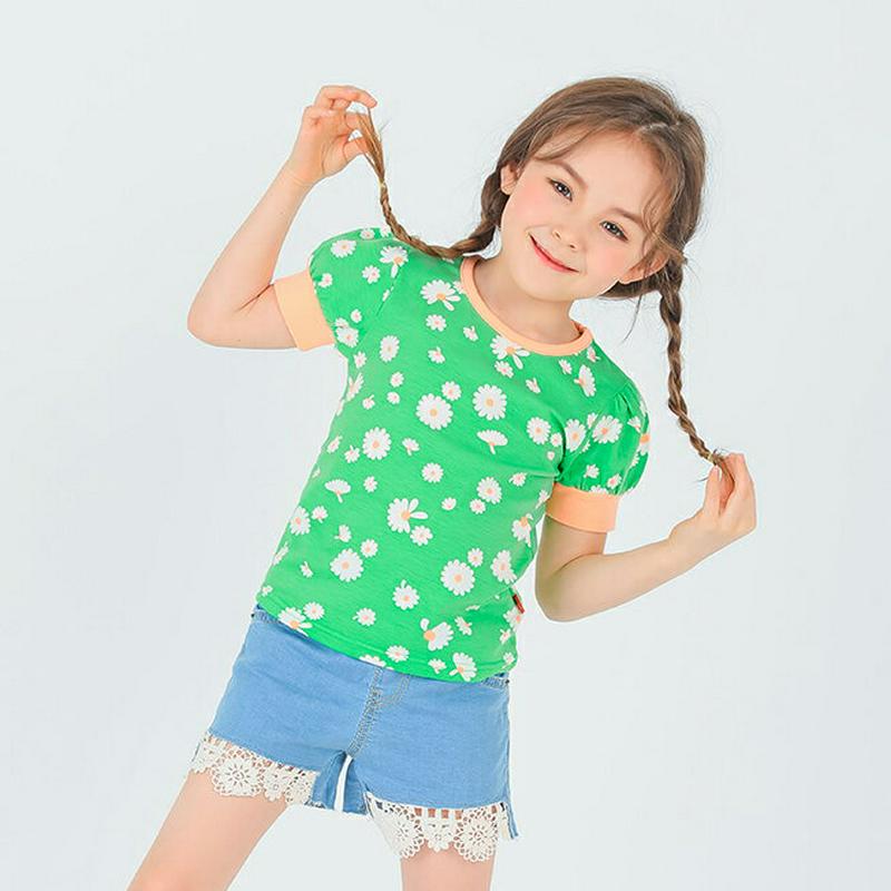 デイジーパフスリーブTシャツ p002063 キッズ 【3~8才】【tops】【韓国 ファッション トップス Tシャツ カットソー ラウンドネック ハーフスリーブ 半袖 ロゴ 花柄 パフスリーブ 子供 学生服 ジュニア服 ジュニア 春 夏】【KIDS】