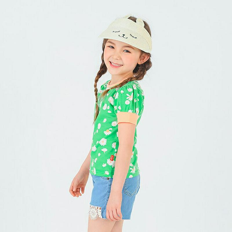 デイジーパフスリーブTシャツ p002063 キッズ 【3~8才】【tops】【韓国 ファッション トップス Tシャツ カットソー ラウンドネック ハーフスリーブ 半袖 ロゴ 花柄 パフスリーブ 子供 学生服 ジュニア服 ジュニア 春 夏】【KIDS】