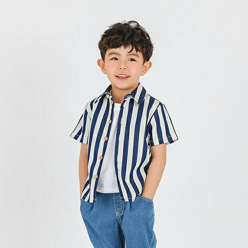 ストライプ半袖シャツ p002066 キッズ 【3~8才】【bl】【韓国 ファッション トップス シャツ カラー 襟 半袖 ハーフスリーブ ボタン ストライプ 子供 学生服 ジュニア服 ジュニア 春 夏】【KIDS】
