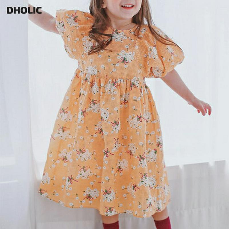 パフスリーブ花柄ワンピース p001614 キッズ 【3~8才】【ops】【ワンピース フレアワンピース Aライン フレア 半袖 ハーフスリーブ ラウンドネック パンチング パターン 柄 お姫様 コットン100 子供 学生服 ジュニア服 ジュニア 春 夏】【KIDS】