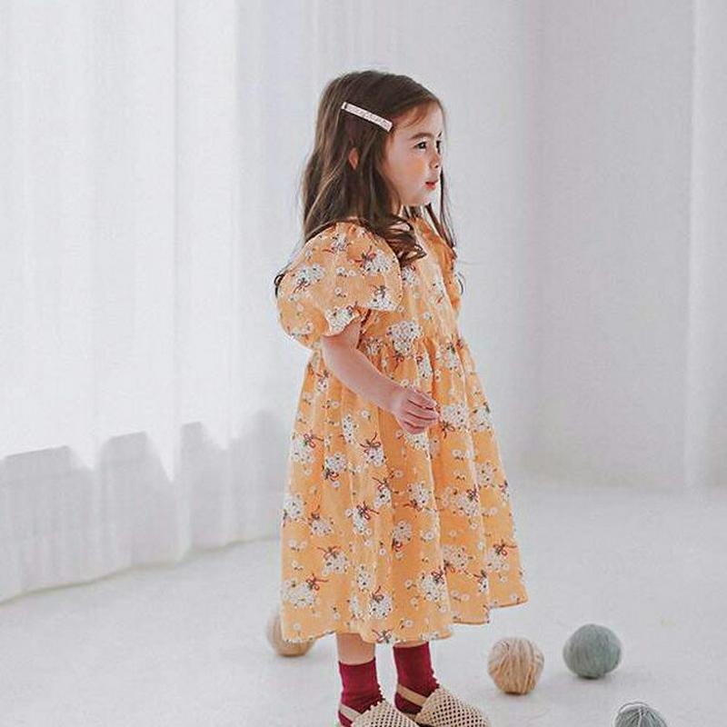 パフスリーブ花柄ワンピース p001614 キッズ 【3~8才】【ops】【ワンピース フレアワンピース Aライン フレア 半袖 ハーフスリーブ ラウンドネック パンチング パターン 柄 お姫様 コットン100 子供 学生服 ジュニア服 ジュニア 春 夏】【KIDS】