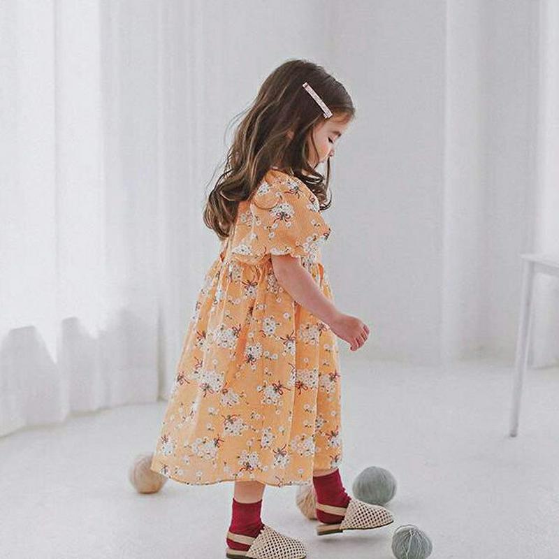 パフスリーブ花柄ワンピース p001614 キッズ 【3~8才】【ops】【ワンピース フレアワンピース Aライン フレア 半袖 ハーフスリーブ ラウンドネック パンチング パターン 柄 お姫様 コットン100 子供 学生服 ジュニア服 ジュニア 春 夏】【KIDS】