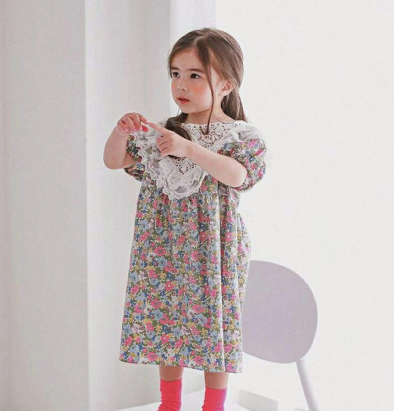 レースフリル花柄ワンピース p001617 キッズ 【3~8才】【ops】【韓国 ファッション ワンピース フレアワンピース A
